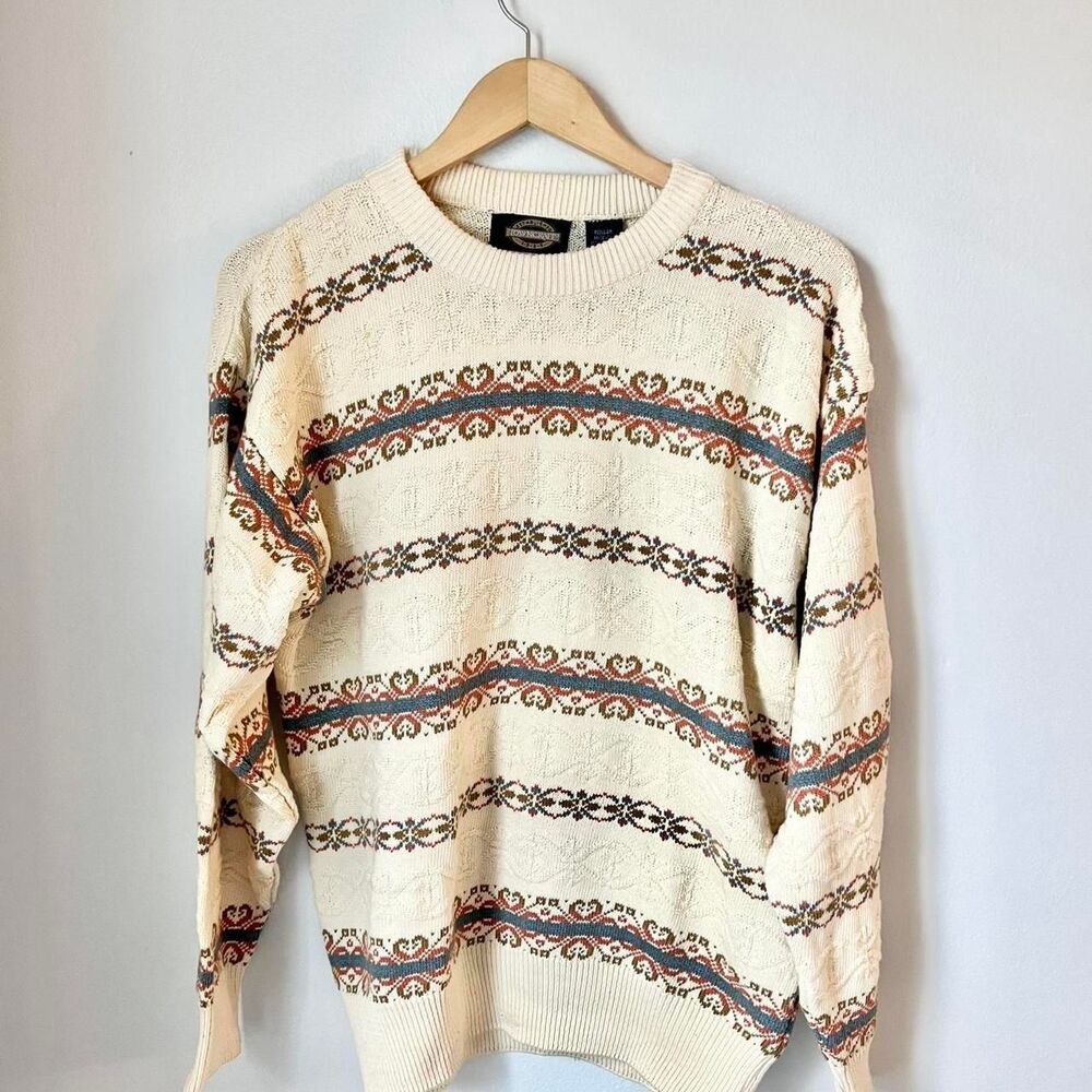 VTG Towncraft Oversized Fair Isle Sweater Sz M Knit Crewneck Grandpa Core Y2K 90